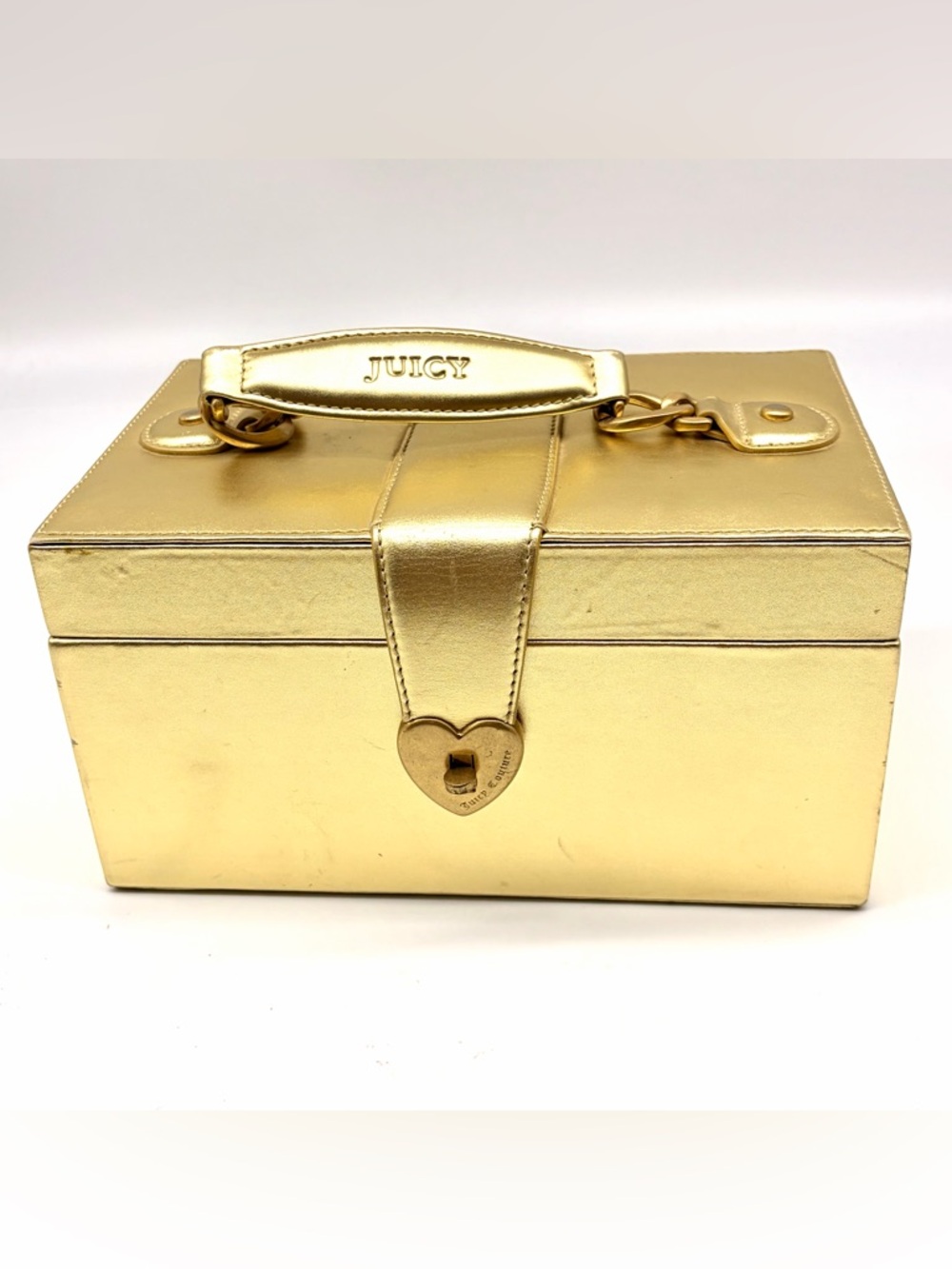 Juicy Couture Gold Leather Mirror Jewelry Box Metallic Large Lock Train Case Y2K - Picture 2 of 12